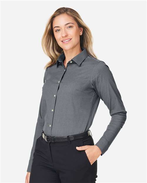 Devon & Jones DG505W Women's CrownLux Performance Spencer Poplin Dress Shirt - Graphite Melange - model side
