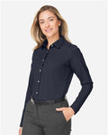 Devon & Jones DG505W Women's CrownLux Performance Spencer Poplin Dress Shirt - Navy Melange - model side