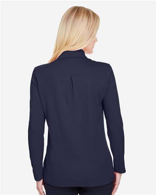 Devon & Jones DG20LW Women's CrownLux Performance Plaited Long Sleeve Polo - Navy - model back