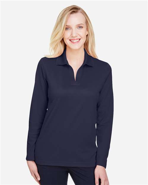 Devon & Jones DG20LW Women's CrownLux Performance Plaited Long Sleeve Polo - Navy - model front