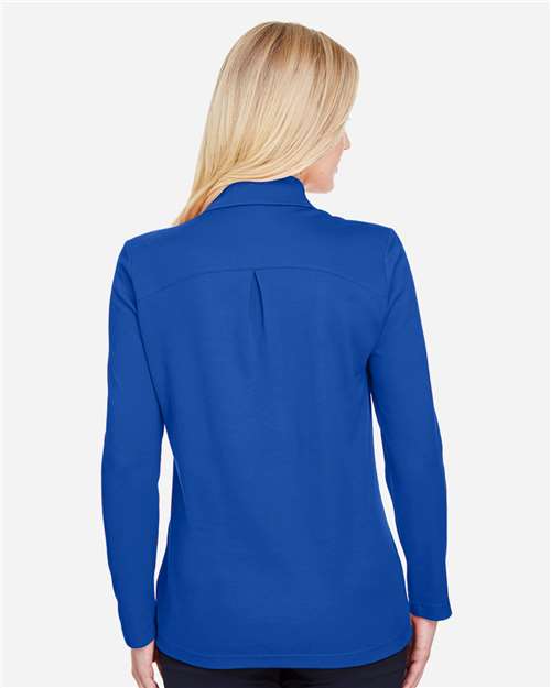 Devon & Jones DG20LW Women's CrownLux Performance Plaited Long Sleeve Polo - True Royal - model back