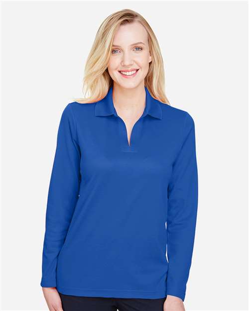 Devon & Jones DG20LW Women's CrownLux Performance Plaited Long Sleeve Polo - True Royal - model front