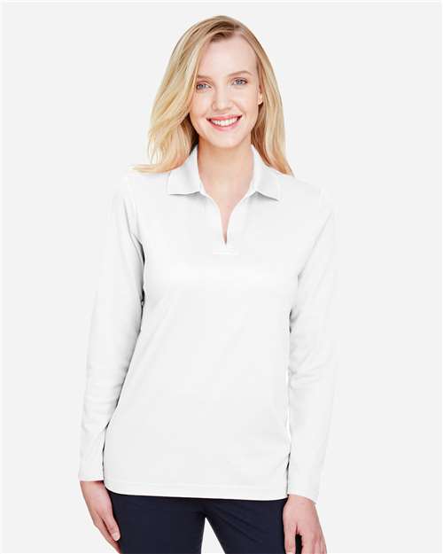 Devon & Jones DG20LW Women's CrownLux Performance Plaited Long Sleeve Polo - White - model front