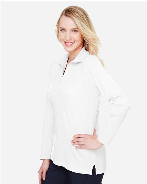 Devon & Jones DG20LW Women's CrownLux Performance Plaited Long Sleeve Polo - White - model side