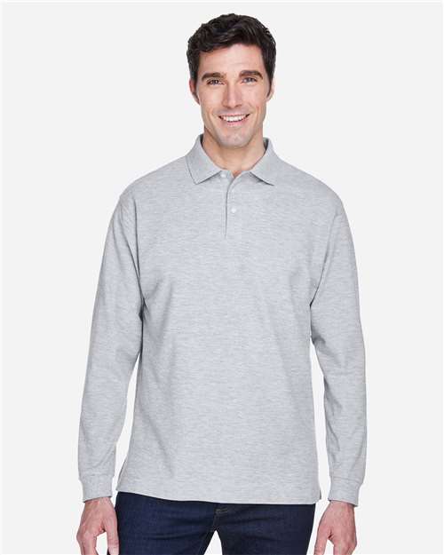 Devon & Jones D110 Pima Piqué Long Sleeve Polo - Grey Heather - model front