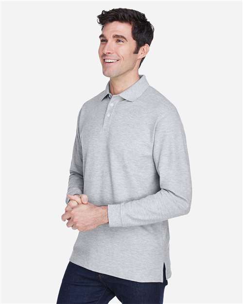 Devon & Jones D110 Pima Piqué Long Sleeve Polo - Grey Heather - model side