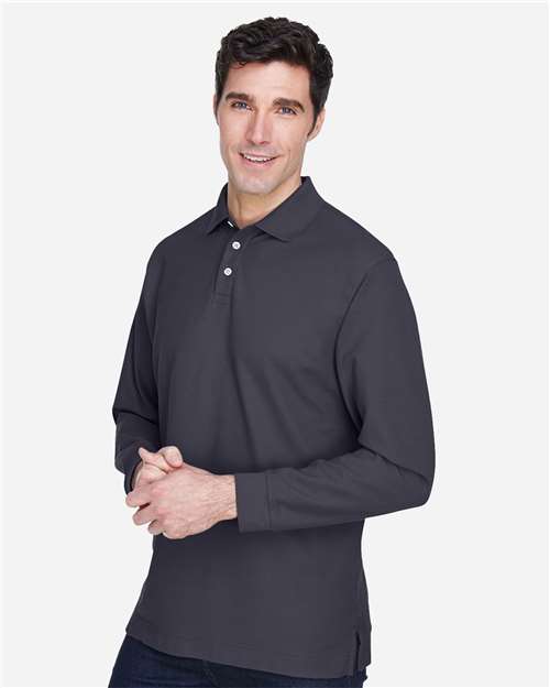 Devon & Jones D110 Pima Piqué Long Sleeve Polo - Navy - model side