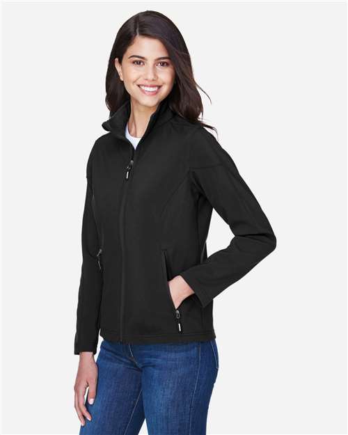 Core 365 78184 Women's Cruise Two-Layer Fleece Bonded Soft Shell Jacket - Black - model side