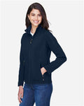 Core 365 78184 Women's Cruise Two-Layer Fleece Bonded Soft Shell Jacket - Classic Navy - model side
