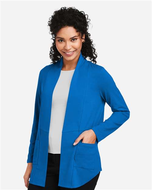 Devon & Jones DP125W Women's Raleigh Stretch Cardigan - French Blue - model side