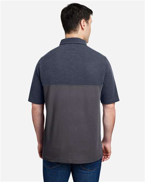 Core 365 CE112C Men's Fusion ChromaSoft Colorblock Polo - Carbon/ Classic Navy Heather - model back