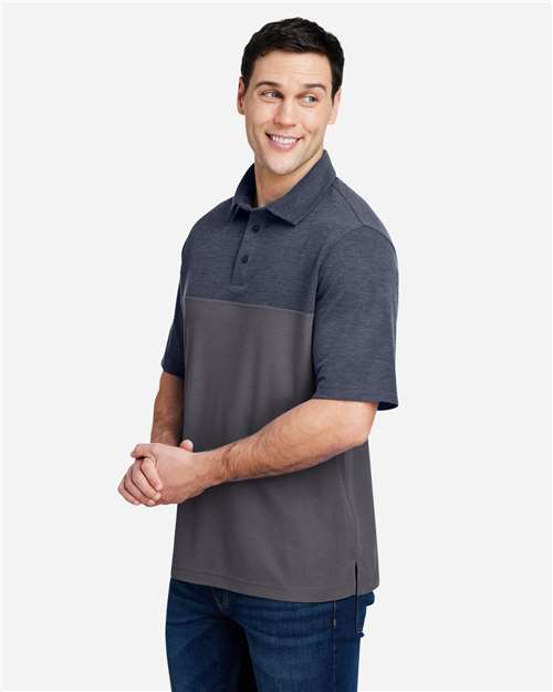 Core 365 CE112C Men's Fusion ChromaSoft Colorblock Polo - Carbon/ Classic Navy Heather - model side