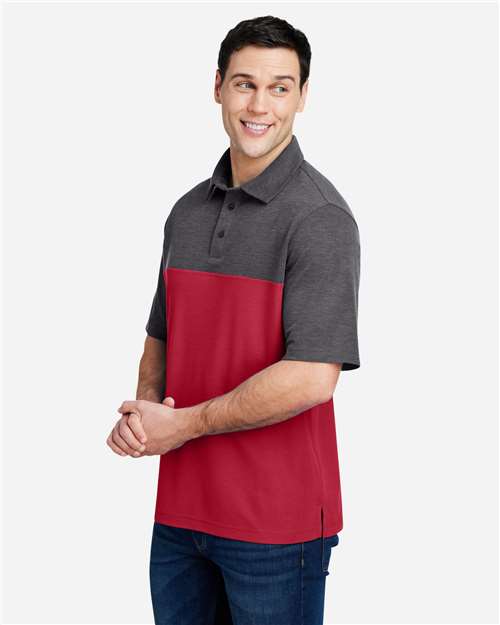 Core 365 CE112C Men's Fusion ChromaSoft Colorblock Polo - Classic Red/ Carbon Heather - model side