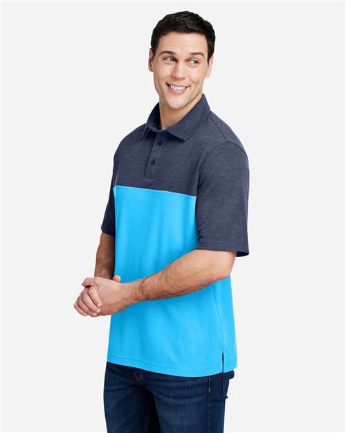 Core 365 CE112C Men's Fusion ChromaSoft Colorblock Polo - Electric Blue/ Classic Navy Heather - model side