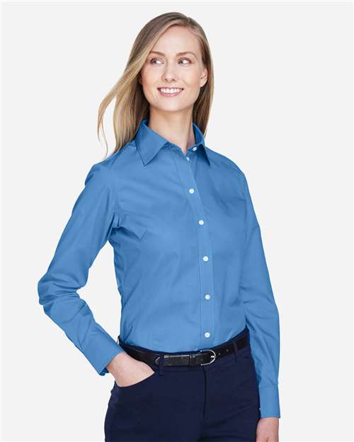 Devon & Jones D620W Women's Crown Collection Broadcloth Woven Dress Shirt - French Blue - model side