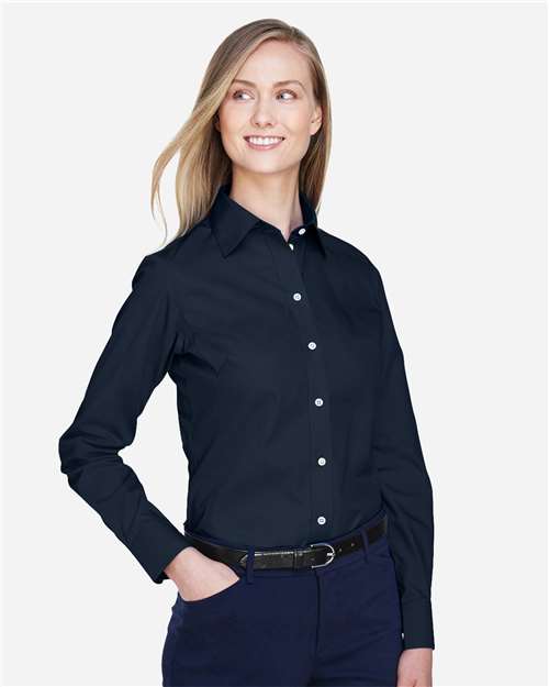 Devon & Jones D620W Women's Crown Collection Broadcloth Woven Dress Shirt - Navy - model side