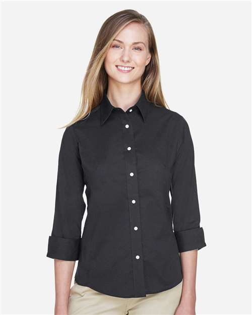 Devon & Jones DP625W Women's Perfect Fit Three-Quarter Sleeve Stretch Poplin Dress Shirt - Black - model front
