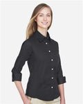 Devon & Jones DP625W Women's Perfect Fit Three-Quarter Sleeve Stretch Poplin Dress Shirt - Black - model side