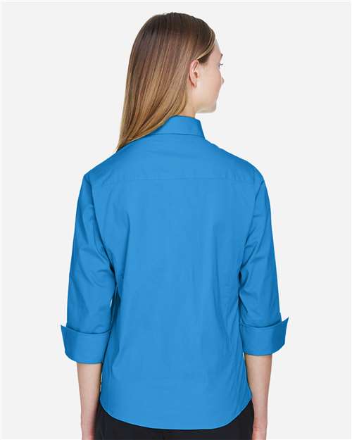 Devon & Jones DP625W Women's Perfect Fit Three-Quarter Sleeve Stretch Poplin Dress Shirt - French Blue - model back