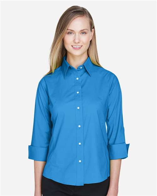Devon & Jones DP625W Women's Perfect Fit Three-Quarter Sleeve Stretch Poplin Dress Shirt - French Blue - model front