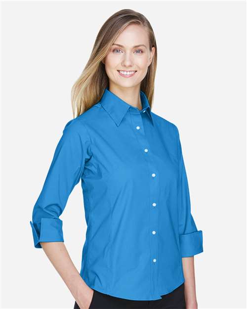 Devon & Jones DP625W Women's Perfect Fit Three-Quarter Sleeve Stretch Poplin Dress Shirt - French Blue - model side
