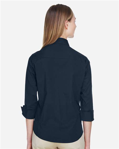 Devon & Jones DP625W Women's Perfect Fit Three-Quarter Sleeve Stretch Poplin Dress Shirt - Navy - model back