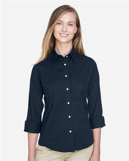 Devon & Jones DP625W Women's Perfect Fit Three-Quarter Sleeve Stretch Poplin Dress Shirt - Navy - model front
