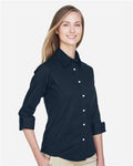 Devon & Jones DP625W Women's Perfect Fit Three-Quarter Sleeve Stretch Poplin Dress Shirt - Navy - model side