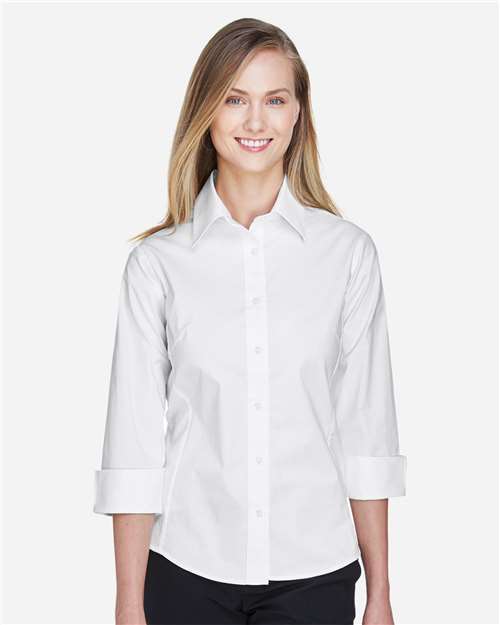 Devon & Jones DP625W Women's Perfect Fit Three-Quarter Sleeve Stretch Poplin Dress Shirt - White - model front