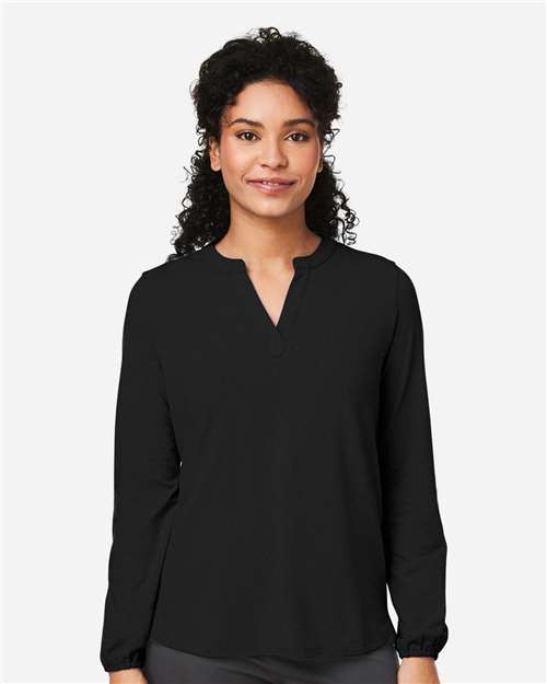 Devon & Jones DP122W Women's Raleigh Half-Placket Knit Top - Black - model front