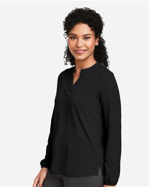 Devon & Jones DP122W Women's Raleigh Half-Placket Knit Top - Black - model side