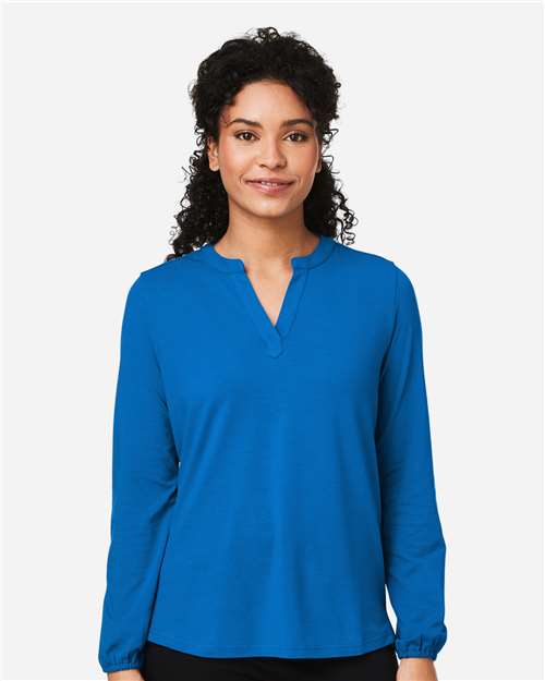 Devon & Jones DP122W Women's Raleigh Half-Placket Knit Top - French Blue - model front