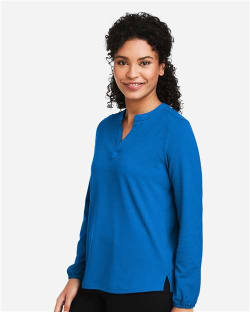 Devon & Jones DP122W Women's Raleigh Half-Placket Knit Top - French Blue - model side