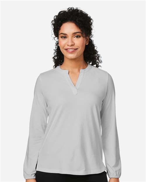 Devon & Jones DP122W Women's Raleigh Half-Placket Knit Top - Grey - model front