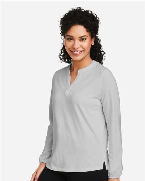 Devon & Jones DP122W Women's Raleigh Half-Placket Knit Top - Grey - model side
