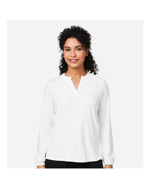 Devon & Jones DP122W Women's Raleigh Half-Placket Knit Top - White - model front