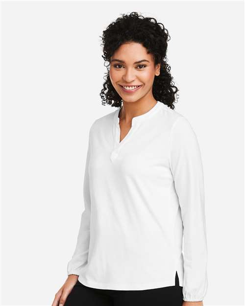 Devon & Jones DP122W Women's Raleigh Half-Placket Knit Top - White - model side