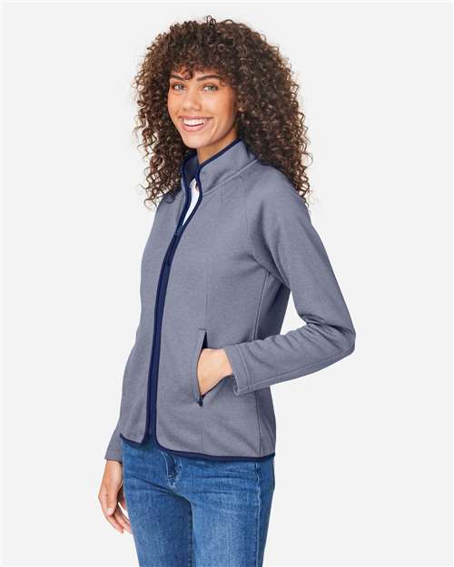 Core 365 CE72W Women's Venture Heathered Stripe Full-Zip Jacket - Classic Navy/ White - model side