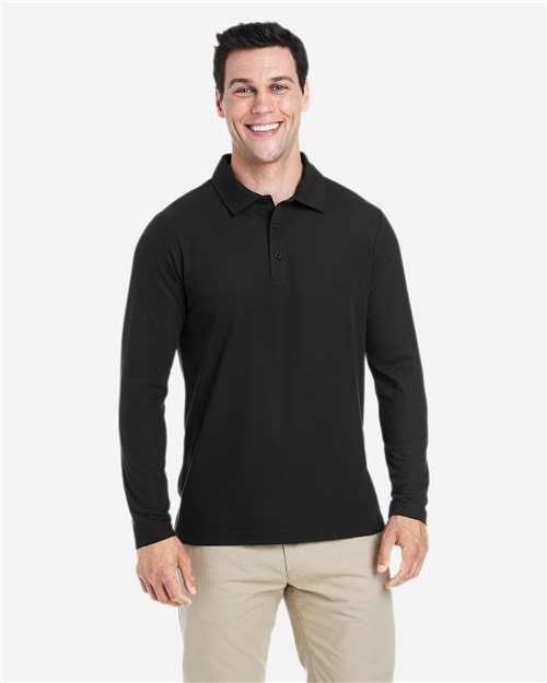 Core 365 CE112L Men's Fusion ChromaSoft Long Sleeve Pique Polo - Black - model front