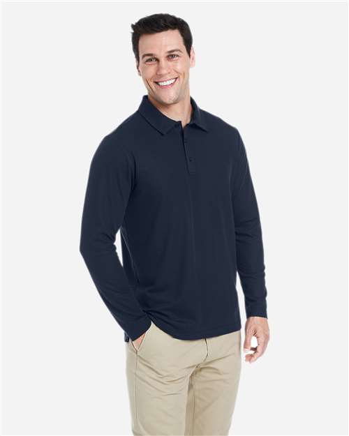 Core 365 CE112L Men's Fusion ChromaSoft Long Sleeve Pique Polo - Classic Navy - model side