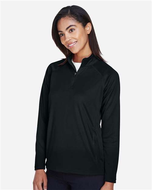 Devon & Jones DG440W Women's Stretch Tech-Shell Compass Quarter-Zip Pullover - Black - model side