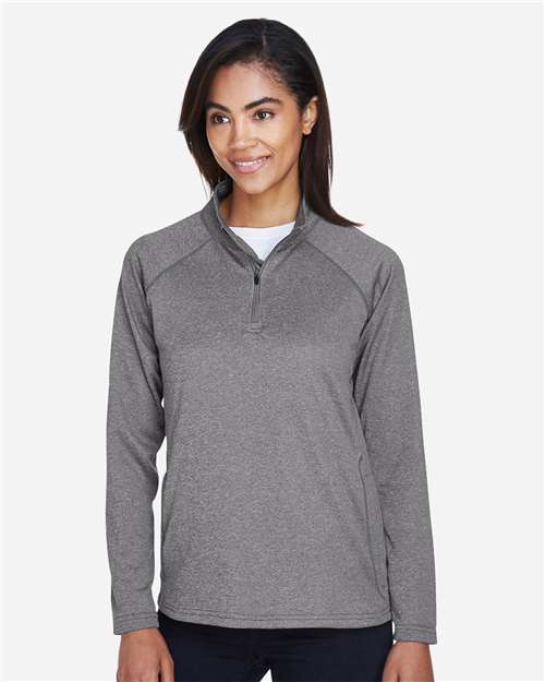 Devon & Jones DG440W Women's Stretch Tech-Shell Compass Quarter-Zip Pullover - Dark Grey Heather - model front