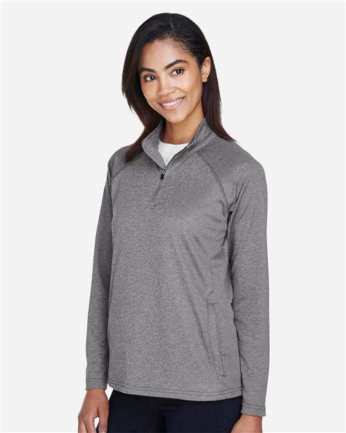 Devon & Jones DG440W Women's Stretch Tech-Shell Compass Quarter-Zip Pullover - Dark Grey Heather - model side