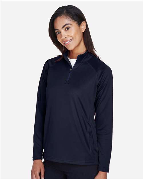 Devon & Jones DG440W Women's Stretch Tech-Shell Compass Quarter-Zip Pullover - Navy - model side