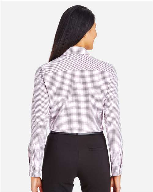 Devon & Jones DG540W Women's CrownLux Performance Micro Windowpane Woven Dress Shirt - Burgundy/ White - model back