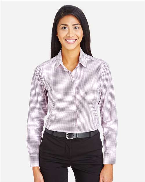 Devon & Jones DG540W Women's CrownLux Performance Micro Windowpane Woven Dress Shirt - Burgundy/ White - model front