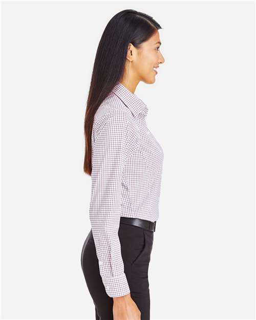 Devon & Jones DG540W Women's CrownLux Performance Micro Windowpane Woven Dress Shirt - Burgundy/ White - model side