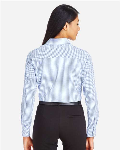 Devon & Jones DG540W Women's CrownLux Performance Micro Windowpane Woven Dress Shirt - French Blue/ White - model back
