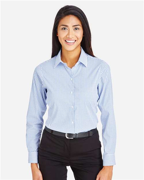 Devon & Jones DG540W Women's CrownLux Performance Micro Windowpane Woven Dress Shirt - French Blue/ White - model front