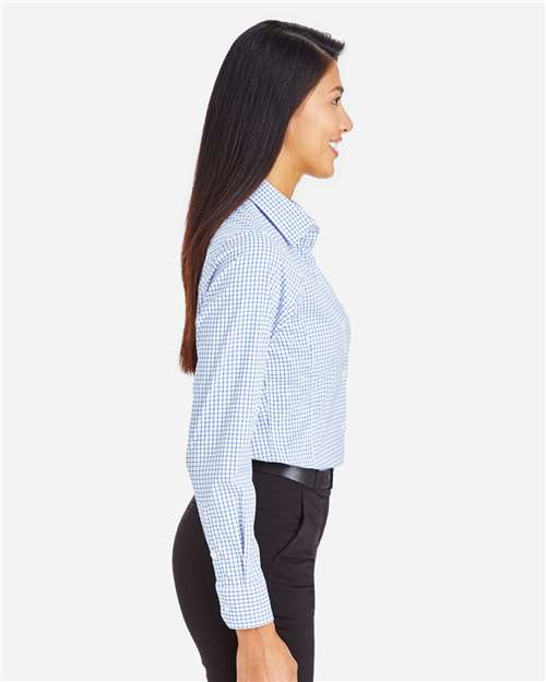 Devon & Jones DG540W Women's CrownLux Performance Micro Windowpane Woven Dress Shirt - French Blue/ White - model side